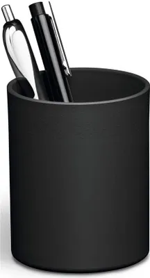 A black pen holder with two pens inside, on a white background.