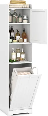 Immagine prodotto di Mobiletto alto da bagno COSTWAY, mobiletto da bagno con cesto portabiancheria, ripiano e scomparto, mobiletto da bagno in legno, incl. sacco portabiancheria da 48L, 40 x 40 x 170cm, bianco