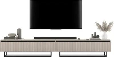 Produktbild von TV-Ständerschrank SELENE von Lindner Möbel – viertürig – 280 x 44 x 35 cm - Farbe: Kaschmir matt - schwarze Metallrahmen