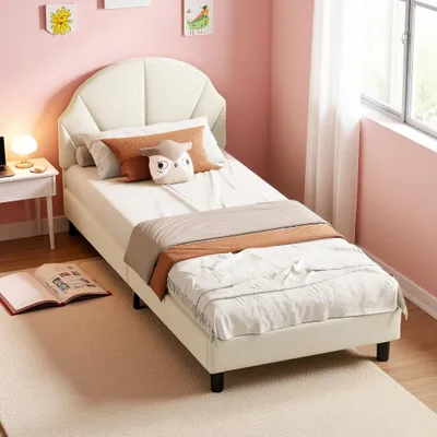 Immagine prodotto di UnboxG Letto per bambini 90x200 cm Beige in velluto con testiera regolabile in altezza – Letto singolo imbottito per bambini e ragazzi, letto imbottito