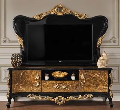 Produktbild von Casa Padrino Luxus Barock TV Schrank Braun / Schwarz / Gold 180 x 50 x H. 190 cm - Prunkvolles Massivholz Sideboard - Barock Wohnzimmer Möbel