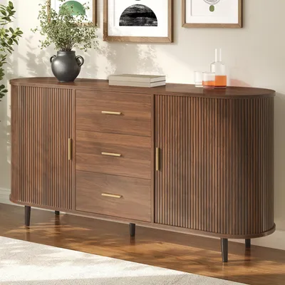 Produktbild von STILVORA Sideboard mit Schiebetüren und 3 Schubladen, Flurschrank mit Eisenfüßen,Aufbewahrungsschrank mit Rillenverkleidung und Metallgriffen