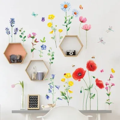 Imagen del producto de Unyqoos®: Adhesivos de pared con motivos de flores silvestres. Se aplican y se retiran fácilmente, son autoadhesivos y reutilizables. Ideales para decorar habitaciones infantiles, habitaciones de bebés, dormitorios y salones