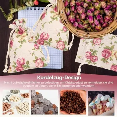 Produktbild von 50 Stück Geschenksäckchen, Jutesäckchen Klein, Jutesäckchen Jutebeutel, Stoffsäckchen mit Kordelzug, Rosenkordelzug, Schmuckbeutel, Jutebeutel für Hochzeitsgeschenke DIY-Handwerk