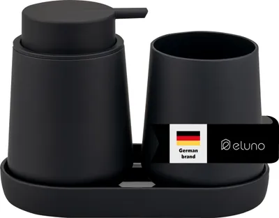 Immagine prodotto di set di accessori da bagno TESERO 3 pezzi, composto da 1x dispenser di sapone, 1x tumbler, 1x ciotola, in plastica nera