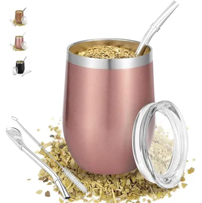 Produktbild von Mate Becher 340 ml Roségold Doppelwandig Edelstahl mit Deckel und Strohhalm
