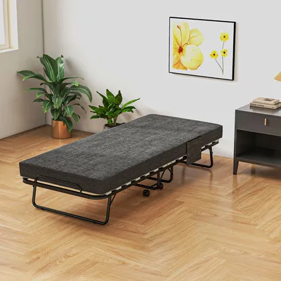 Produktbild von SUGIFT Gästebett klappbar, Klappbett mit Matratze, Feldbett Metallgestell, Dunkelgrau | 4 verriegelbare Rollen | bis 150 kg | 190 x 80 cm