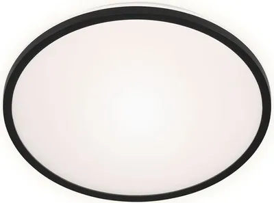 A close-up view of a round, black-rimmed LED ceiling light against a white background.