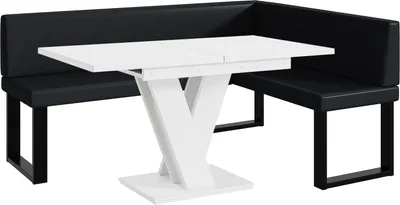 Produktbild von MEBLINI Eckbank für Esszimmer mit ausziehbarem Tisch  - Küchenbank - Essecke - Sitzecke Küche - ERIC - U-Beine 128x168x87cm Rechts - Schwarz Kunstleder/M Weiß Matt