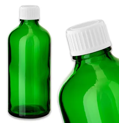 Produktbild von 5x Grüne Glasflasche 100 ml mit weißem PP-Schraubverschluss Leer 18 mm