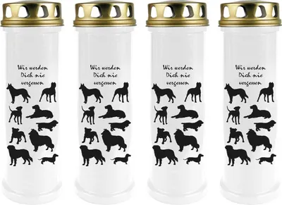 Produktbild von Grabkerze Weiß 4er Pack, Brenndauer: 100 Stunden ( je Kerze ), Motiv: Hunde