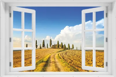 Produktbild von Wallario Wandbild mit Fenster-Illusion: Italien - Toskana unter blauem Himmel  einsame Farm, Größe: 61 x 91,5 cm, Poster mit rahmenlosen Bildhalter