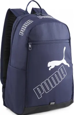 A navy blue Puma backpack is shown from the front.
