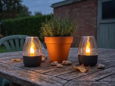 Produktbild von 2er Set LED Solarleuchte Deko Windlicht Gartenbeleuchtung Terrasse Balkon, H 9cm