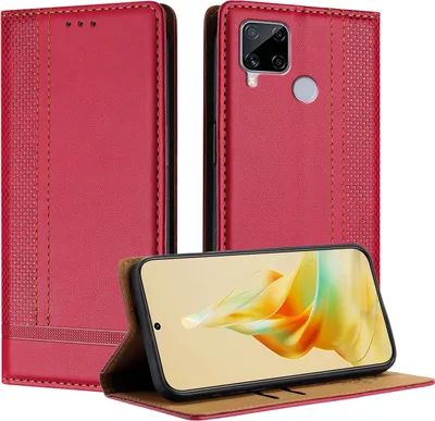 Produktbild von Handyhülle für Realme C15 Leder Flip Klappbare Schutzhülle mit Standfunktion Rot