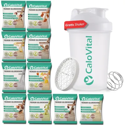 Produktbild von aloVital Hochkalorische Trinknahrung für gezielte Gewichtszunahme [PROBIERPAKET INKL. GRATIS SHAKER] 10er Set Mix  je 50 g Pulver