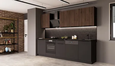 Produktbild von Küche SIENA + MONZA BASIC 280 cm Küchenzeile Küchenblock Einbauküche Nussbaum Okapi + Schwarz matt
