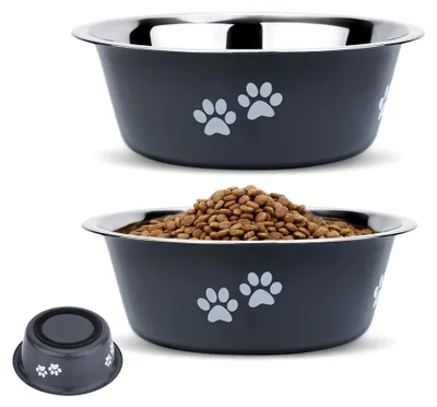 Produktbild von 2 Stück Edelstahl Hundenapf (1560 ML), Futternapf aus Edelstahl mit rutschfestem Silikonboden für große, mittelgroße und kleine Hunde, Trinknapf für Hunde, M - 21 cm, Grau