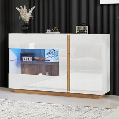 Produktbild von MODFU Hochglanz Kommode Sideboard mit 3 Türen, Schrank Buffet mit Glas, Flurschrank für Wohnzimmer, Schlafzimmer Weiß
