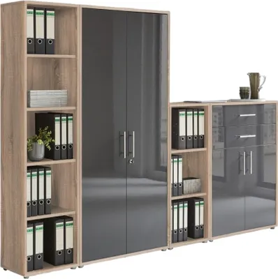 Produktbild von Aktenschrank TABOR 22 in Eiche Sonoma / anthrazit Hochglanz, Schrankwand, Büroschrank, abschließbar, Metallgriffe