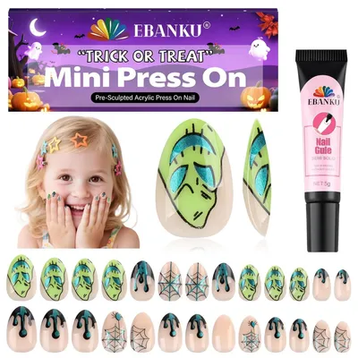Produktbild von Kinder-Kunstnägel Halloween 26 Stück mit Nagelkleber für Mädchen 7-12 Jahre