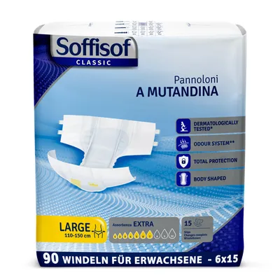 Obrázok produktu pre Plienky pre dospelých Soffisof Classic Extra L - 90x inkontinenčné nohavičky - 6 balení po 15 plienkach pre dospelých, 7 kvapiek - jednorazové inkontinenčné nohavičky