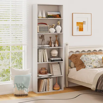 Immagine prodotto di COSTWAY Libreria a 6 livelli, scaffale autoportante 60x23,5x178 cm, scaffale espositivo con 2 set antiribaltamento, scaffale a giorno (bianco)