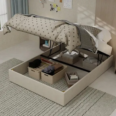 Immagine prodotto di Letto con struttura imbottita in velluto beige chiaro, dotato di sistema a gaslift per lo spazio contenitivo
