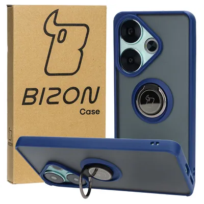 Produktbild von Bizon Case Hybrid Ring Fingerring Hülle für Xiaomi Poco F6, Rauch mit marineblauem Rahmen