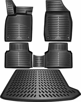 A set of black car floor mats and a trunk liner, arranged on a white background.