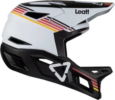 A white and black full-face helmet with red, yellow, and orange stripes, shown from a side angle on a white background.