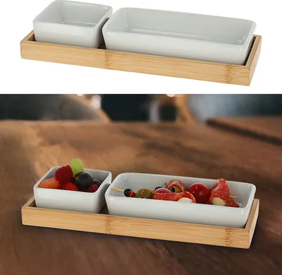 Produktbild von Servierset 3tlg. Bambus Porzellan 25x10,5x4,5cm Schalen Tablett Schüssel Snackschale Servierschale