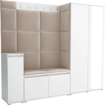 Produktbild von Garderoben-Set Noris VIII mit Spiegel, gepolsterte Garderobe 145 cm mit Schuhkommode, Wandpaneelen und Sitzbank (Farbe: Weiß + Trinity 04)