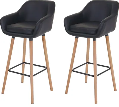 Two black bar stools with wooden legs are shown against a white background.