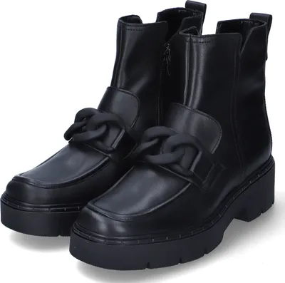 A pair of black leather ankle boots with a chunky sole and a decorative chain detail.