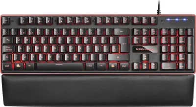 A gaming keyboard with RGB lighting and a wrist rest.