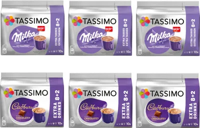 Produktbild von TASSIMO Kapseln Heiße Schokolade Paket 3x Milka + 3x Cadbury - 60 Kakao-Getränke
