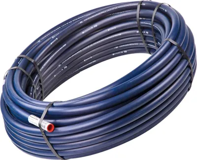 A coiled blue pipe with a red fitting on one end, presented on a white background.