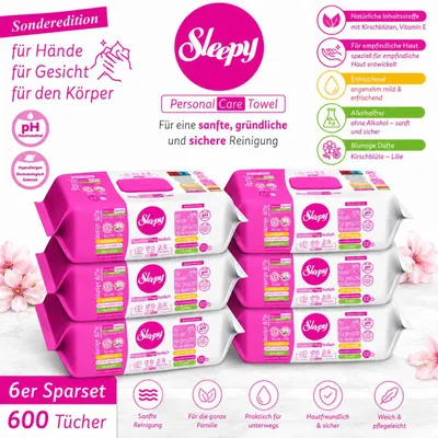 Produktbild von Sleepy Easy Clean Sensitive Feuchttücher Kirsche - Lilie 6x100 Tücher – für Babys, Kinder & Erwachsene – alkoholfrei, pH-hautneutral, hypoallergen, sanfte Reinigung für Hände, Gesicht & Körper