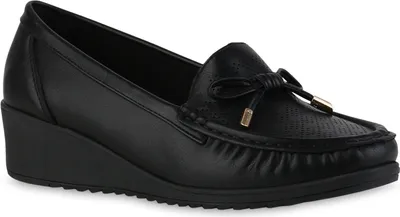 Produktbild von VAN HILL Damen Keilslippers Slippers Bequeme Schleifen Profil-Sohle Schuhe 841619, Farbe: Schwarz, Größe: 40
