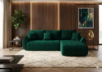 Image de Canapé d’angle SYDNEY droit vert velours Monolith 37 - fonction couchage, coffre de rangement pour la literie