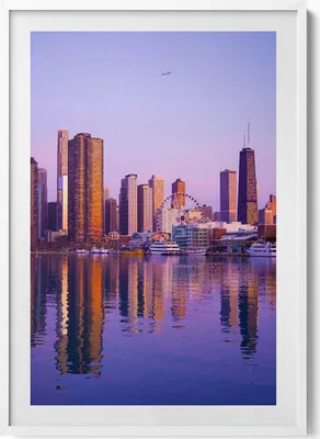 Produktbild von Blick auf US-Wolkenkratzer– Wandbild mit Rahmen – Gerahmtes Bild  – Wanddekoration – 70x100 cm –  Weiß Rahmen