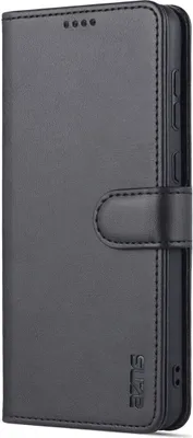 A black leather flip case for a smartphone, shown closed.