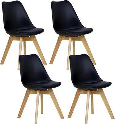Produktbild von Esszimmerstühle 4er Set, Skandinavische Küchenstühle Retro Design, Sitzfläche aus Kunstleder, mit Massivholz Beinen, bis 150 kg belastbar, Schwarz