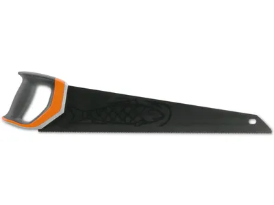 A handsaw with an ergonomic grip and a fish design on the blade, isolated on a white background.