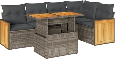 Produktbild von vidaXL 6-tlg. Garten-Sofagarnitur mit Kissen Grau Poly Rattan Akazie