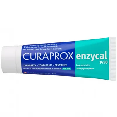A tube of Curaprox Enzycal toothpaste is shown against a white background.