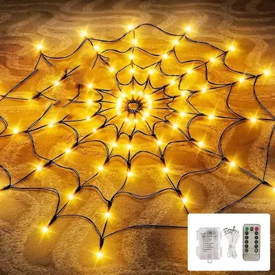 Produktbild von Halloween-Spinnennetz mit 70 LED-Lichtern, 8 Modi, batteriebetrieben, mit Spinnendekoration-Orange
