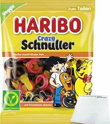 Produktbild von Haribo Crazy Schnuller Lakritz-Fruchtgummi Veggie (175g Packung) + usy Block