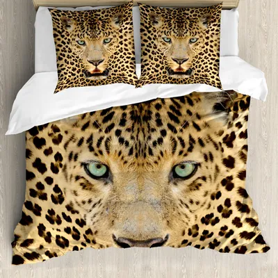 Produktbild von ABAKUHAUS Leopard Bettbezug Set, African Predator Tier mit fleckiger Haut und Aufgebracht Ausdruck wild lebenden Tiere, 155 x 220 cm + 80 x 80 cm, Braun und Hellbraun